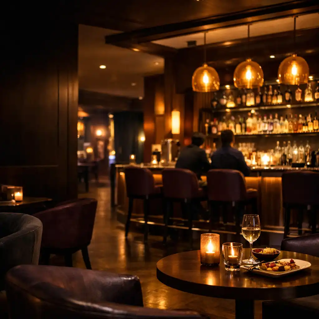Meleg esti fényű, intim casino bistro enteriőr bárpulttal
