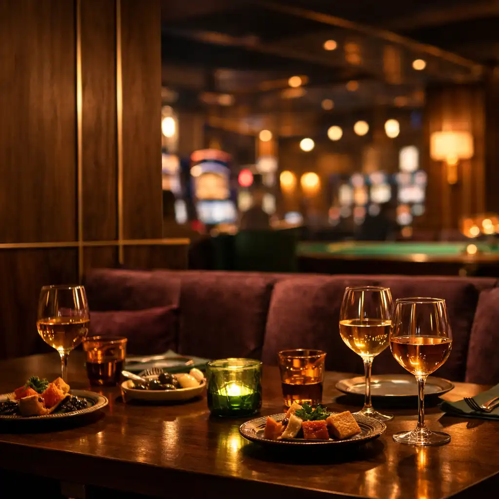 Esti bisztróasztal meleg fényekkel a Falatkucko Casino Bistro terében