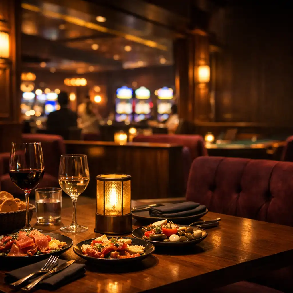 Meghitt bistro lounge megterített asztallal és távoli esti fényekkel