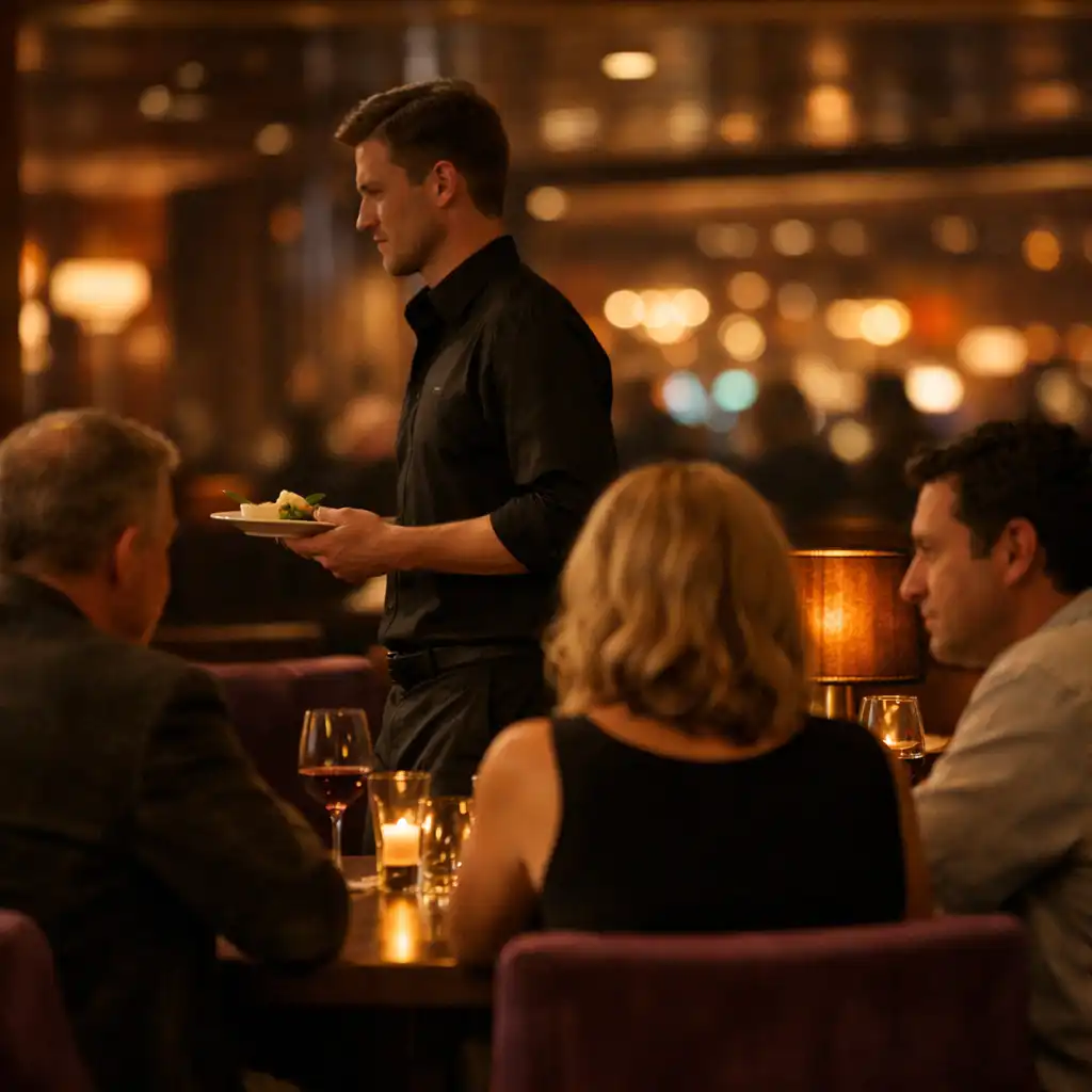 Esti szervizpillanat egy meghitt bistro lounge-ban